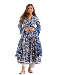 Women’s Cotton Printed Blue Anarkali Kurta with Palazzo