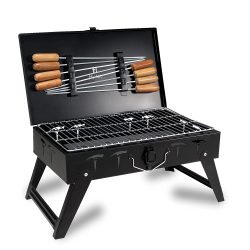 Traveler Foldable Charcoal Barbeque Grill with 8 Skewers & Charcoal Tray (Stellar Black)