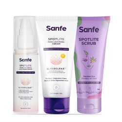 Sanfe Spotlite Bright & Glo Kit For Dark Neck, Underarms, Inner Thighs, 3 Step Body Care Routine For Women – Glo Cream, Lightening Serum And Scrub – 160gm